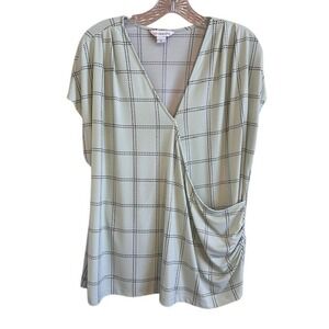 Liz Claiborne Women's V-Neck Mint Green & Black Plaid Faux Wrap Top Blouse XL